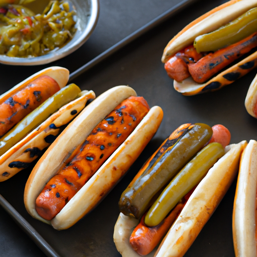 Grilled hot dogs with charred marks, served on buns with condiments.