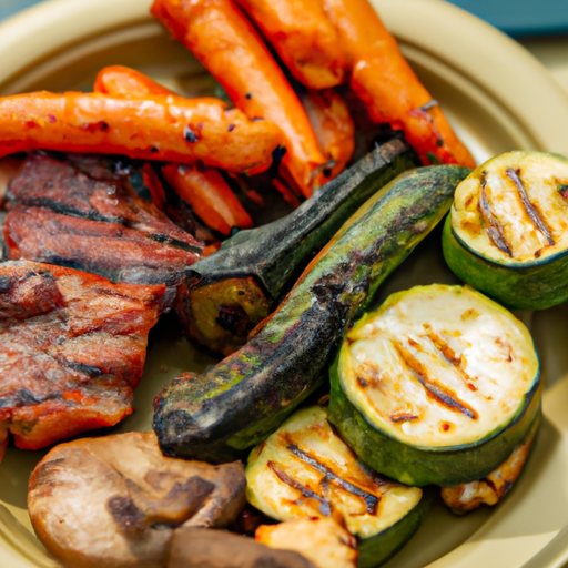 A mouthwatering meal prepared at a campsite, featuring grilled vegetables and meat.