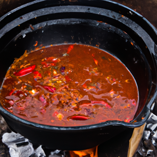 A cast iron pot filled with a flavorful campfire chili, simmering over the fire.