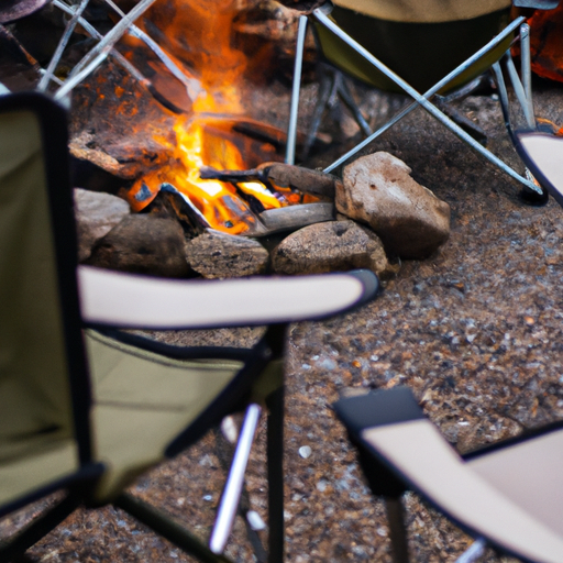 A cozy campfire surrounded by camping chairs and a tent in the background.