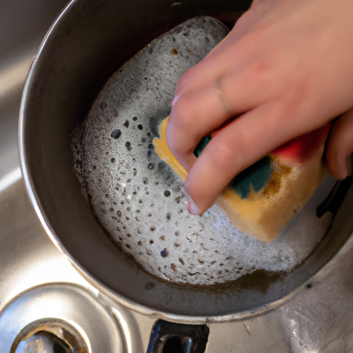 A person cleaning cookware with a sponge and soapy water.