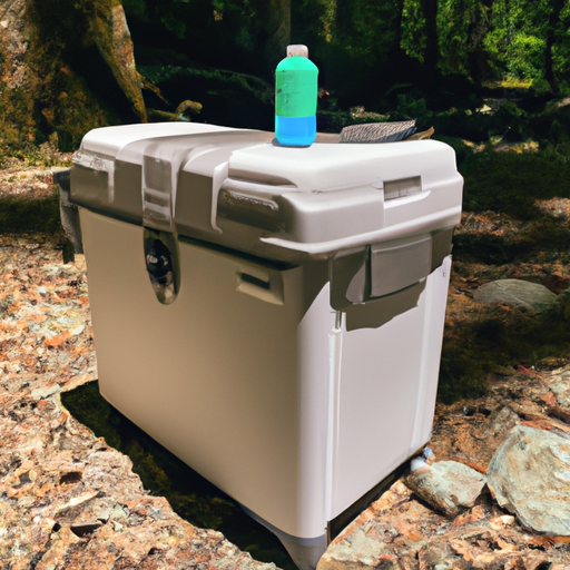 A Yeti Tundra 65 cooler in a campsite, keeping food and drinks cool during a camping trip.